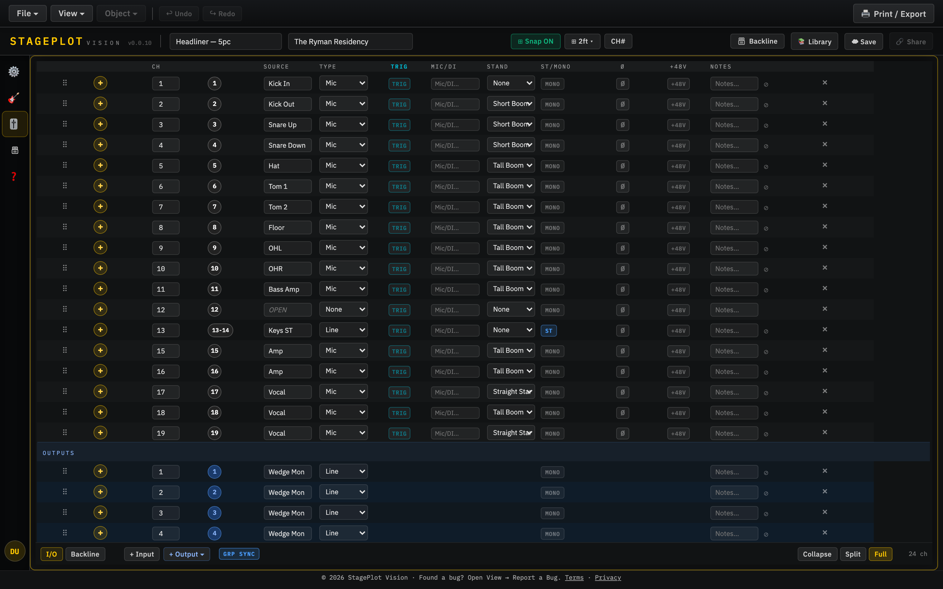 Integrated I/O channel list auto-populated from the stage plot