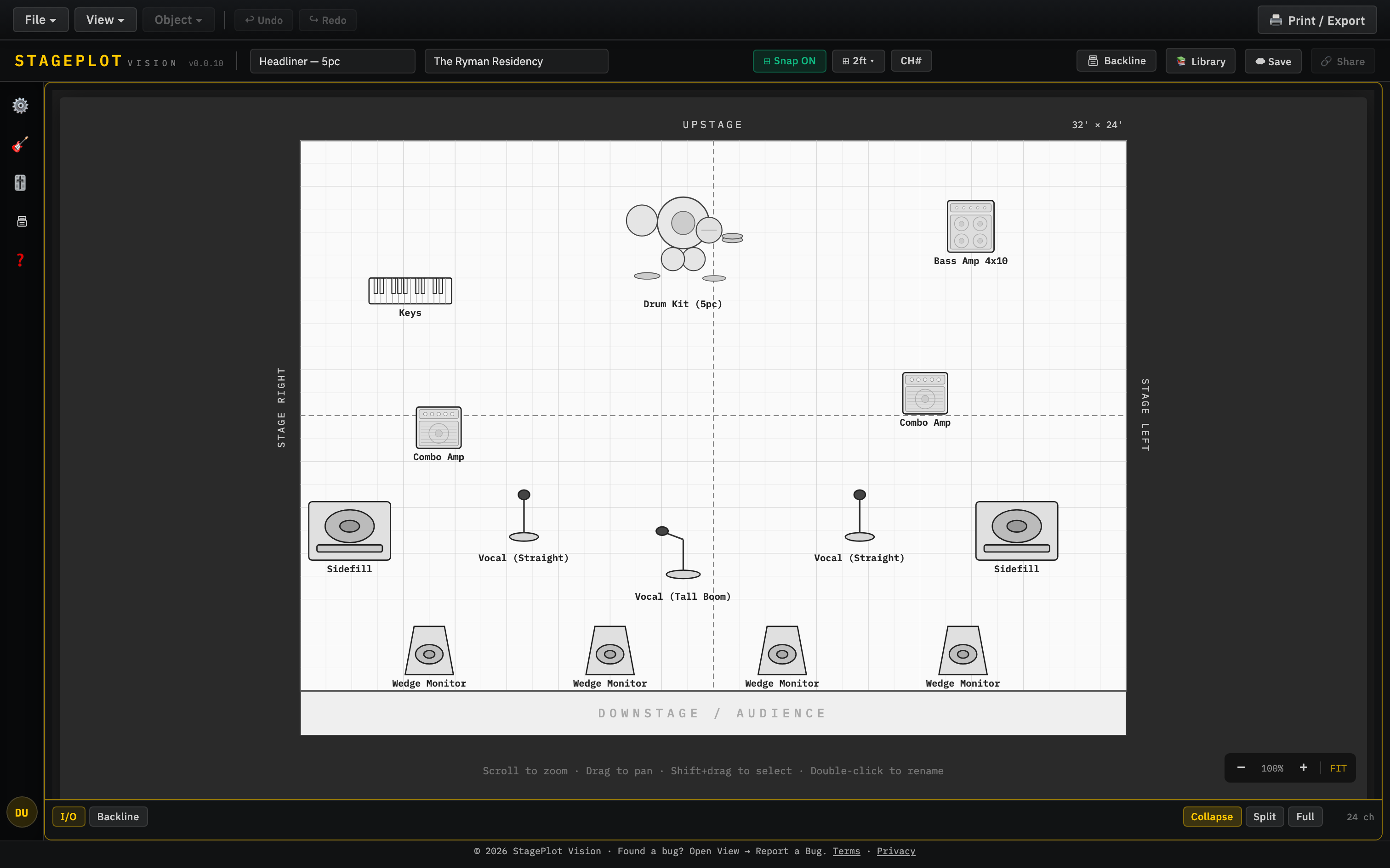 StageplotVision editor with a five-piece band stage plot laid out to scale